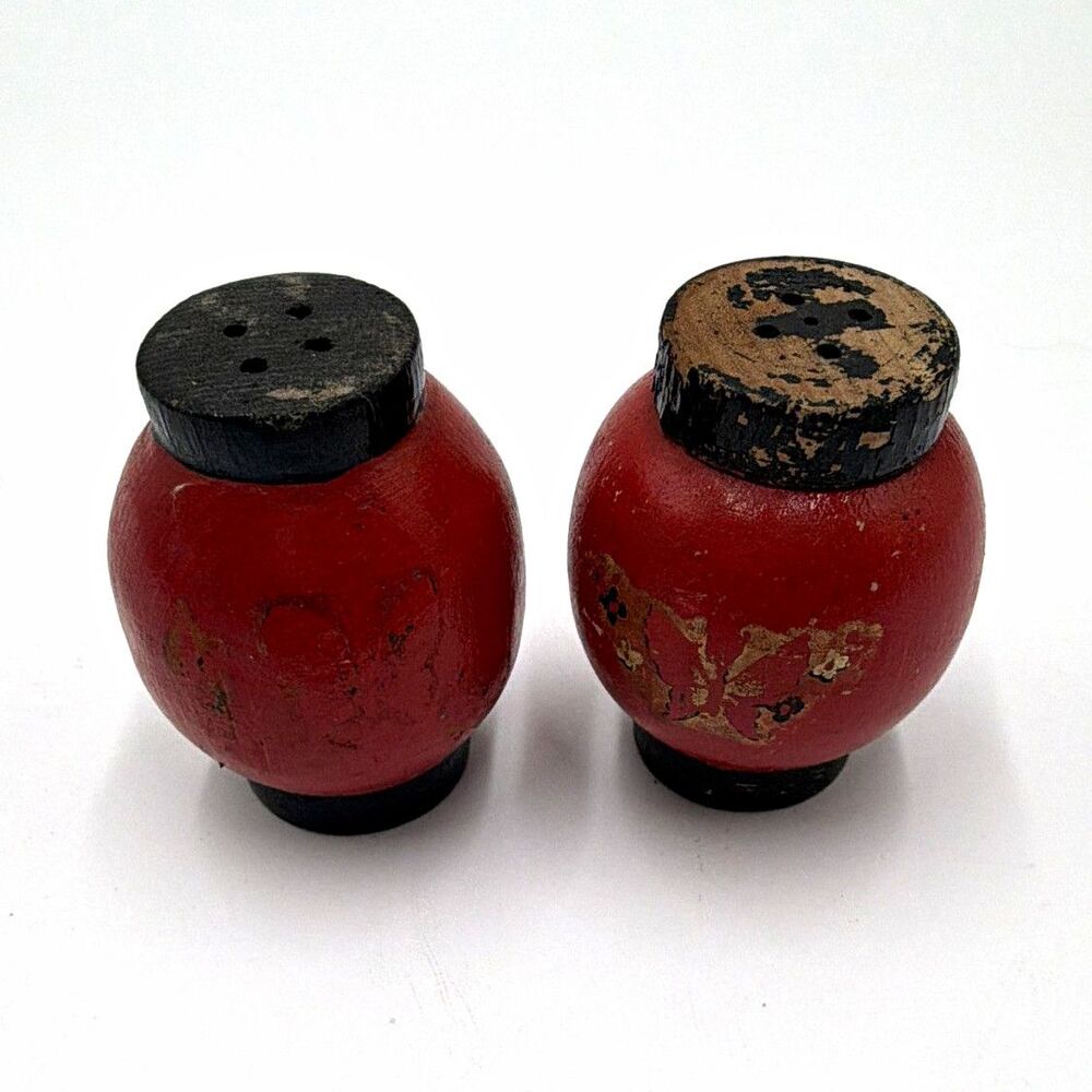 Vintage Original Red & Black Round Wood Salt & Pepper Shakers Set of 2